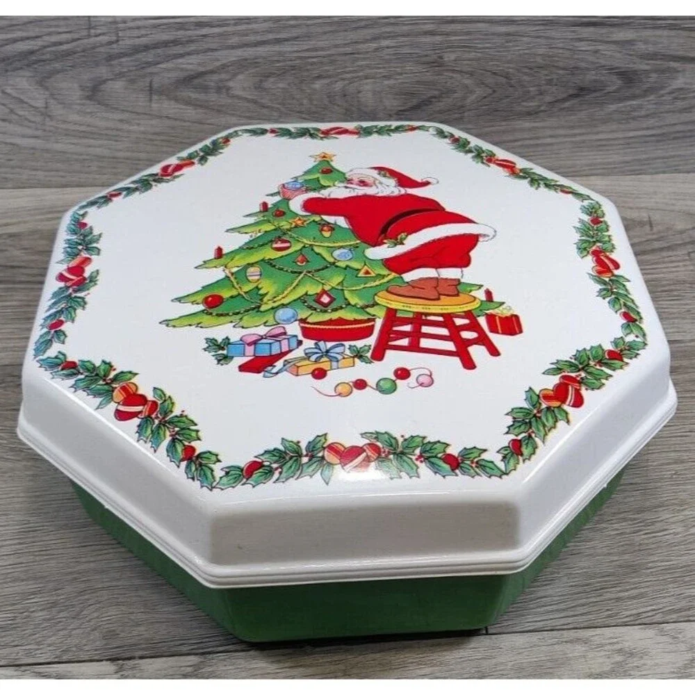 Vintage Ullman Co Christmas Cookie Container PLASTIC Santa, Christmas Tree